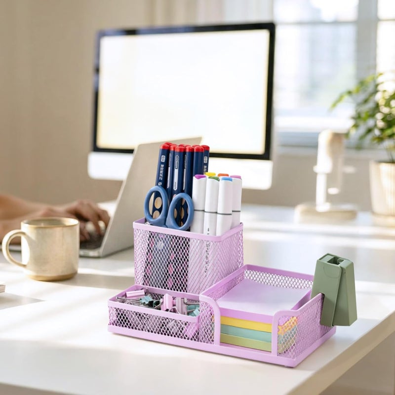 MG Mesh Pen Holder Desk Organizers Pencil Holder for Desk Purple, 3 Compartments Metal Office Supply Organizer with Sticky Notes Holder for Home Office - Image 4